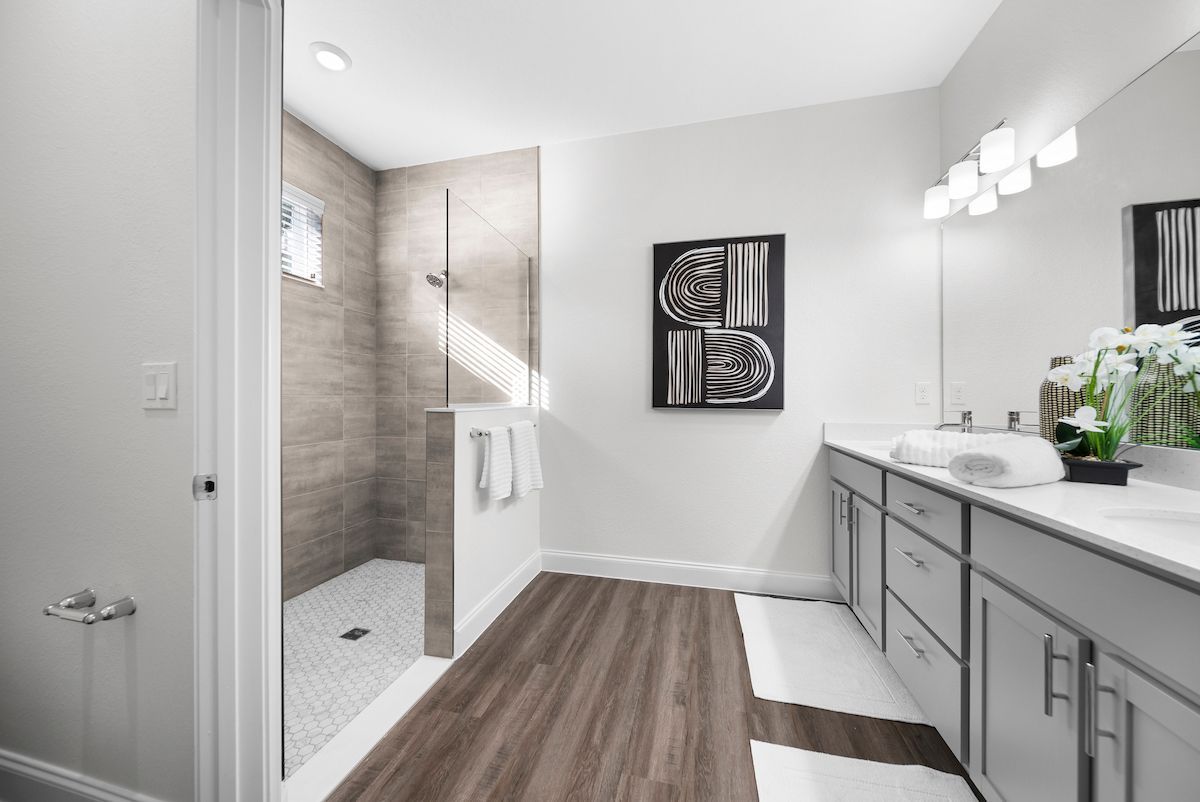 A bathroom with a walk in shower and two sinks.
