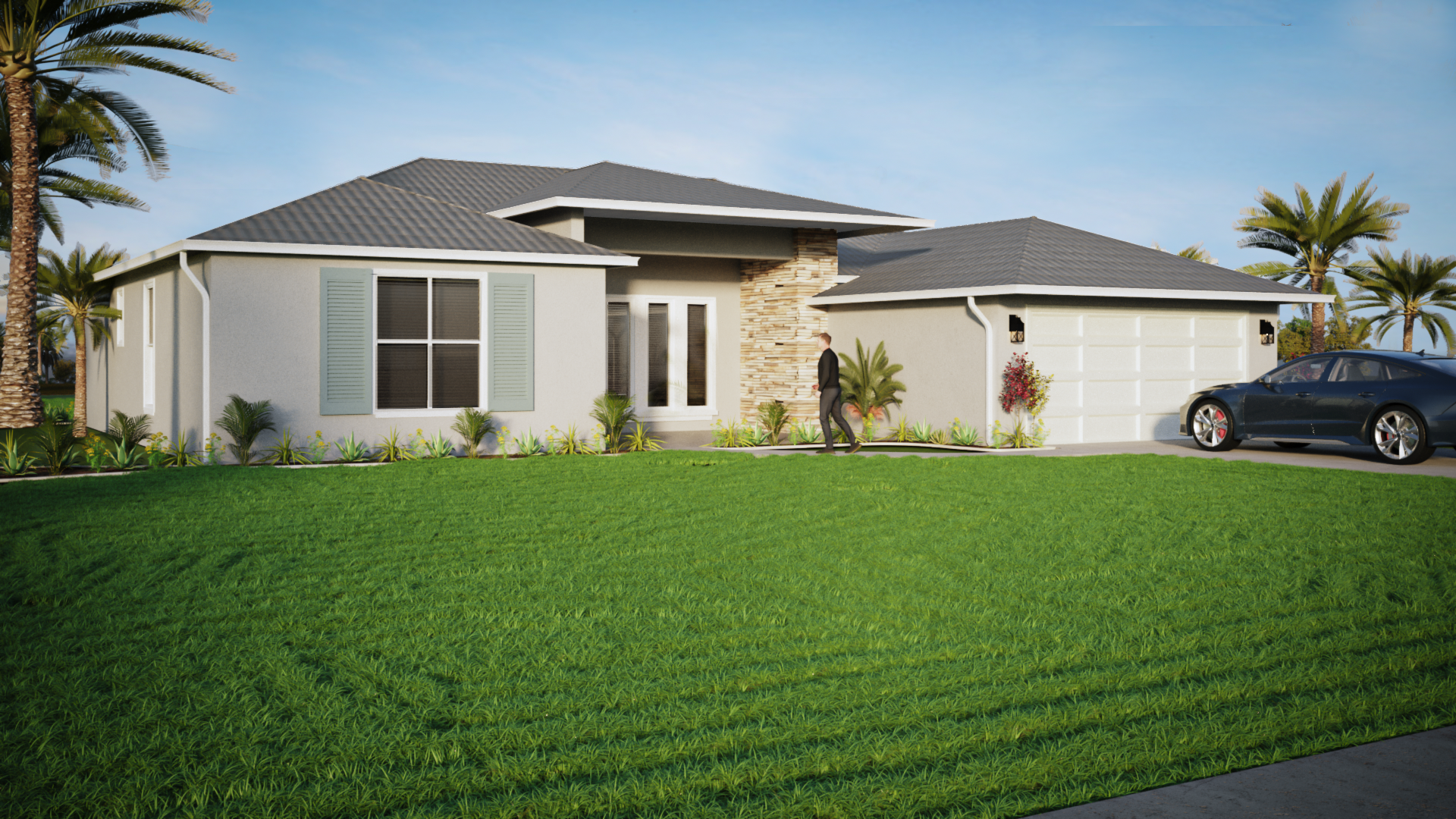 An artist 's impression of a house with a car parked in front of it.