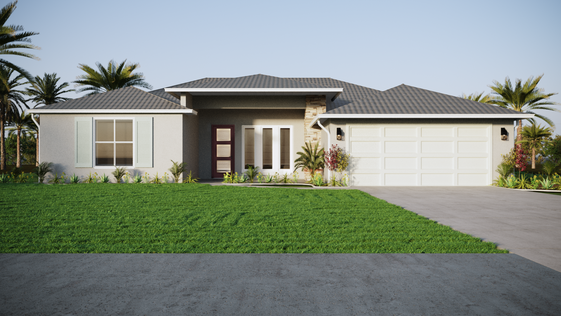 The front of a house with a lot of grass and palm trees in the background.