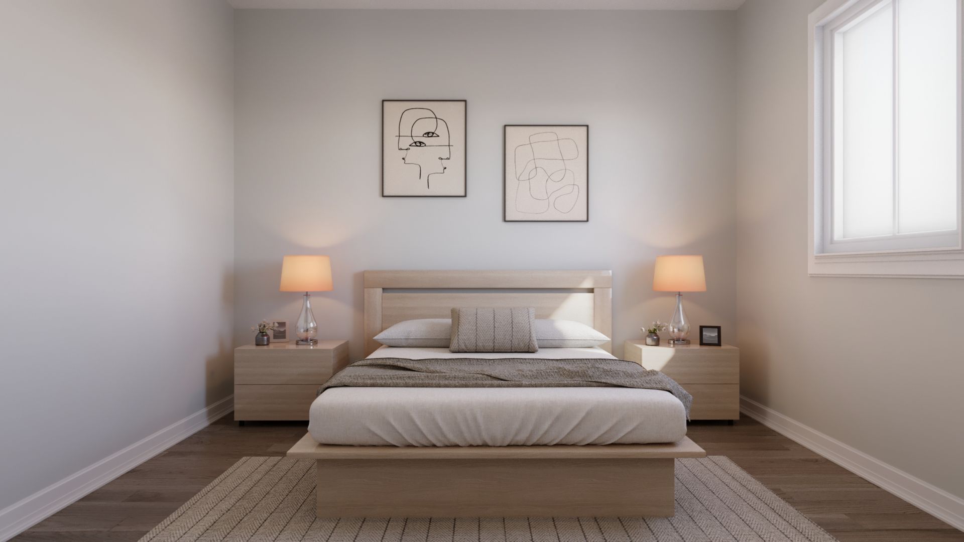 A bedroom with a bed , nightstands , lamps and a window.
