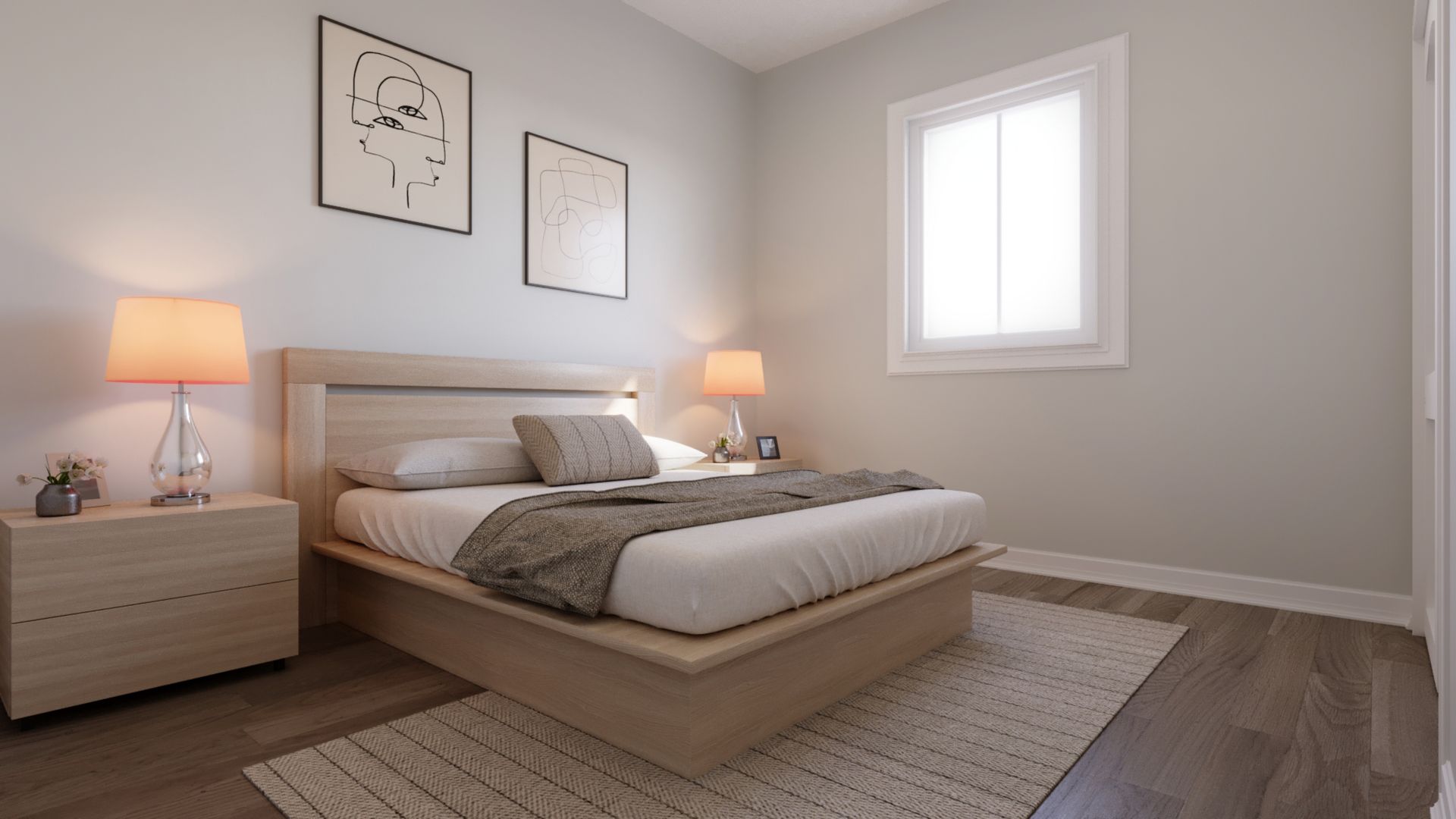 A bedroom with a bed , nightstands , lamps and a window.