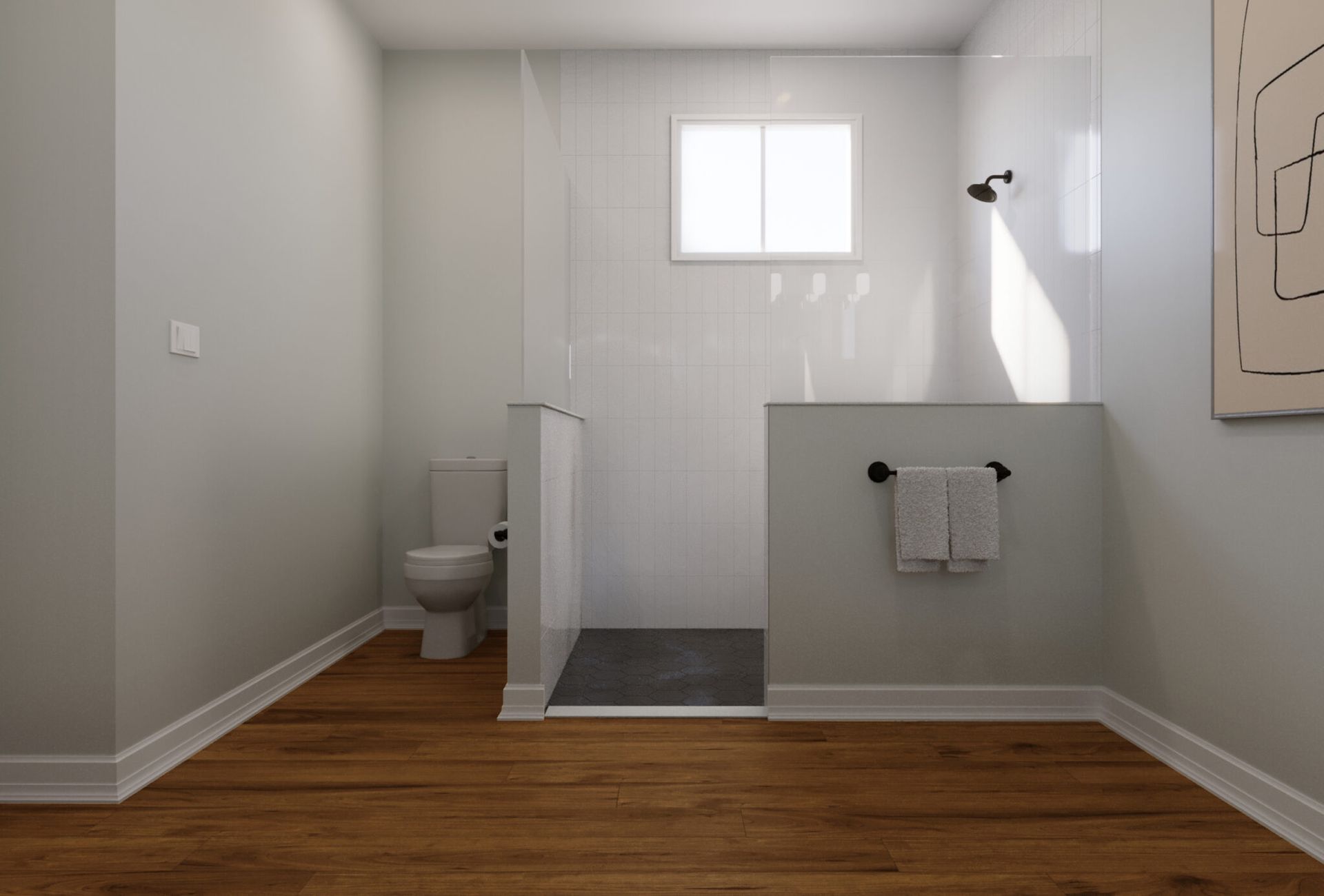 A bathroom with a toilet and a walk in shower.