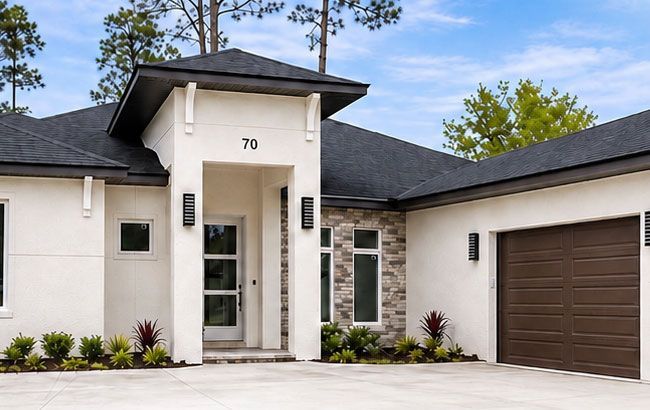 Modern white house exterior with a front entry and brown garage door