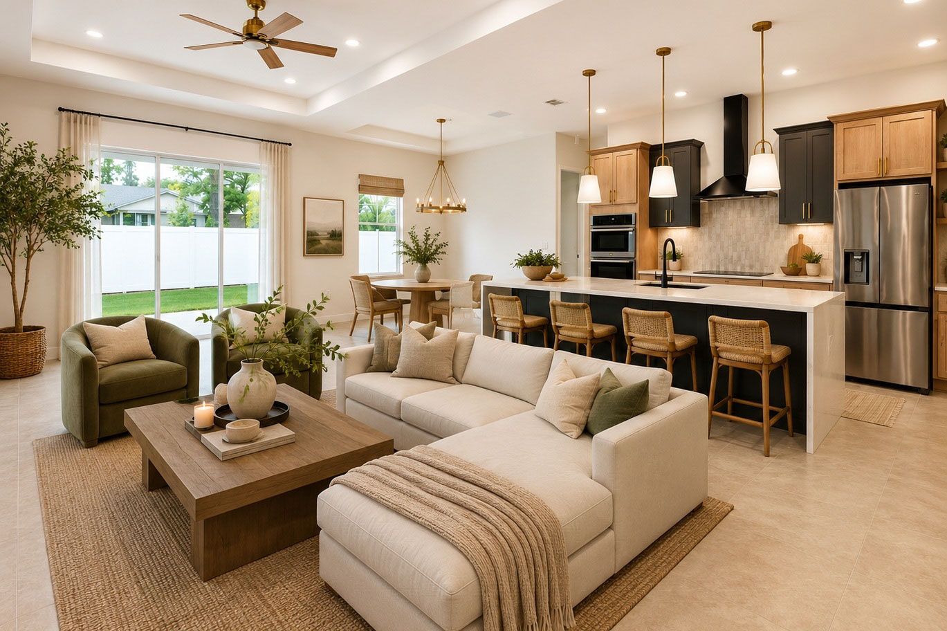 Bright open-plan living room with beige sectional, wooden coffee table, and modern kitchen with bar stools.