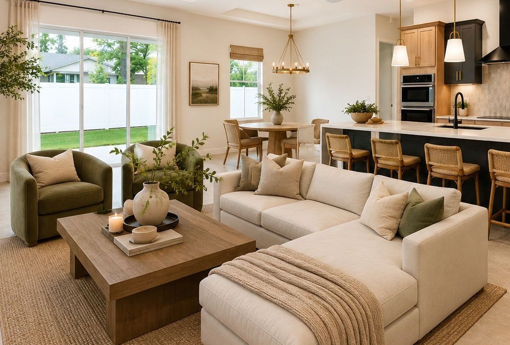 Modern open-plan living room and kitchen with beige sofa, wooden coffee table, and dining area by large windows