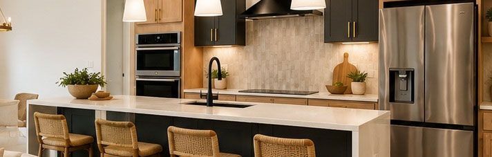 Modern kitchen with stainless steel appliances, dark cabinets, and a white island with woven bar stools.
