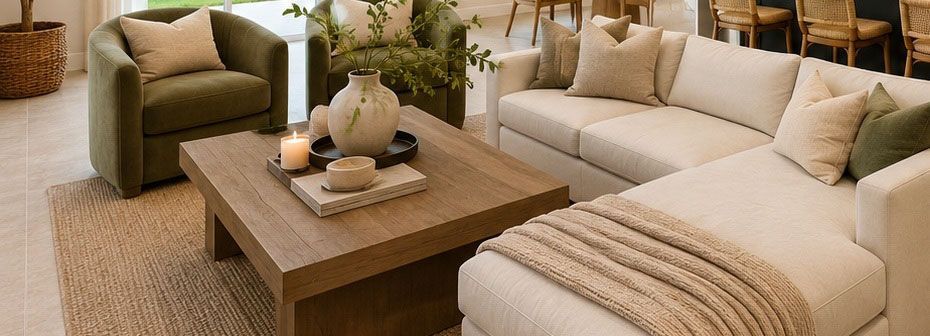 Cozy living room with beige sofa, green armchair, wooden coffee table, and neutral decor