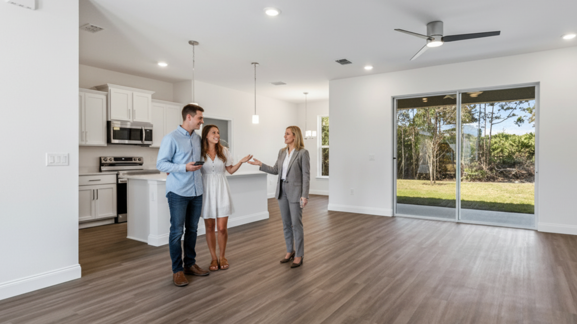 Happy couple talking with a realtor inside a Florida home, fully convinced about their new property,