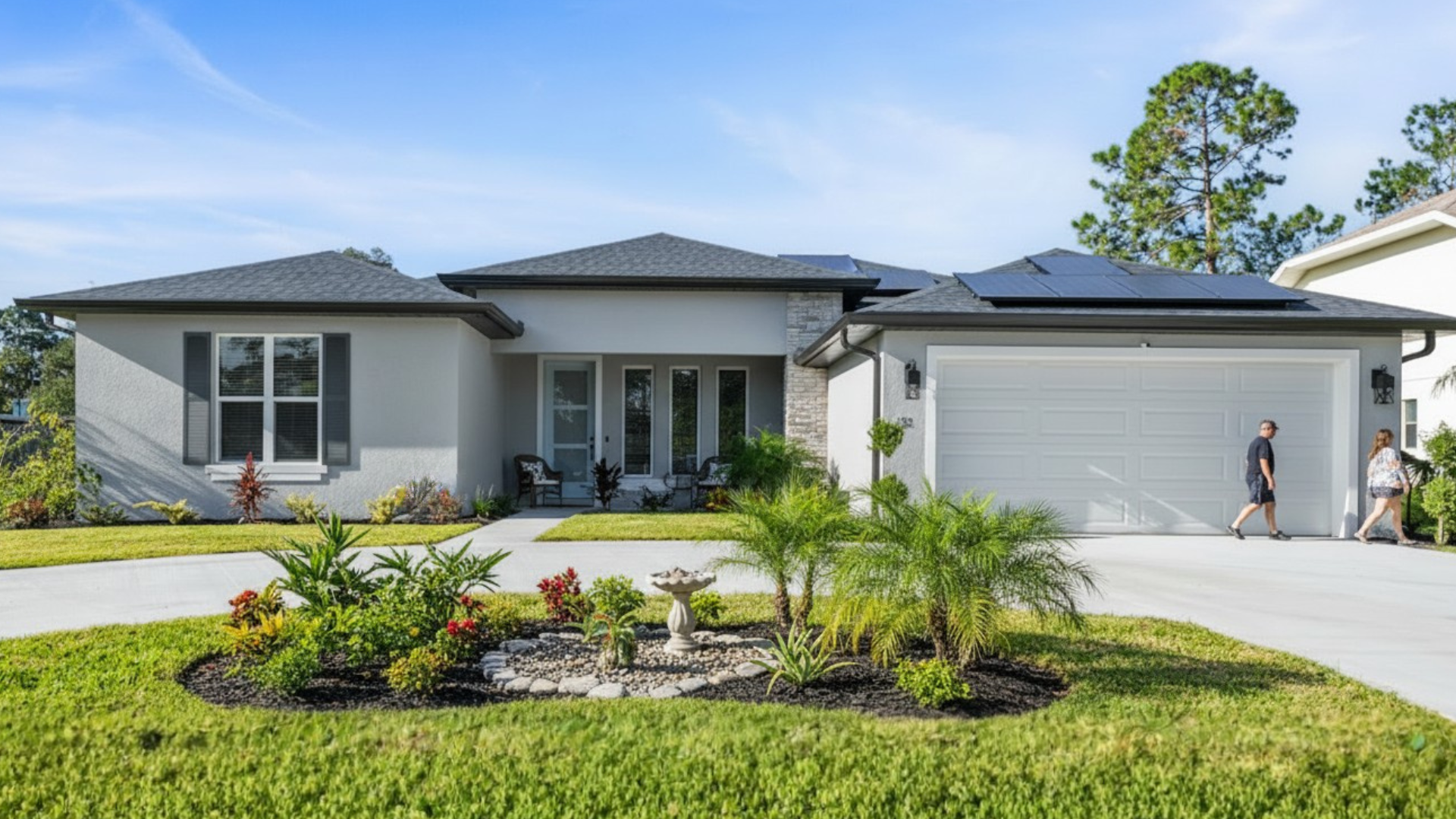 Modern Caspian Homes Grand Alborz home  with solar panels, large energy-efficient windows, lush land