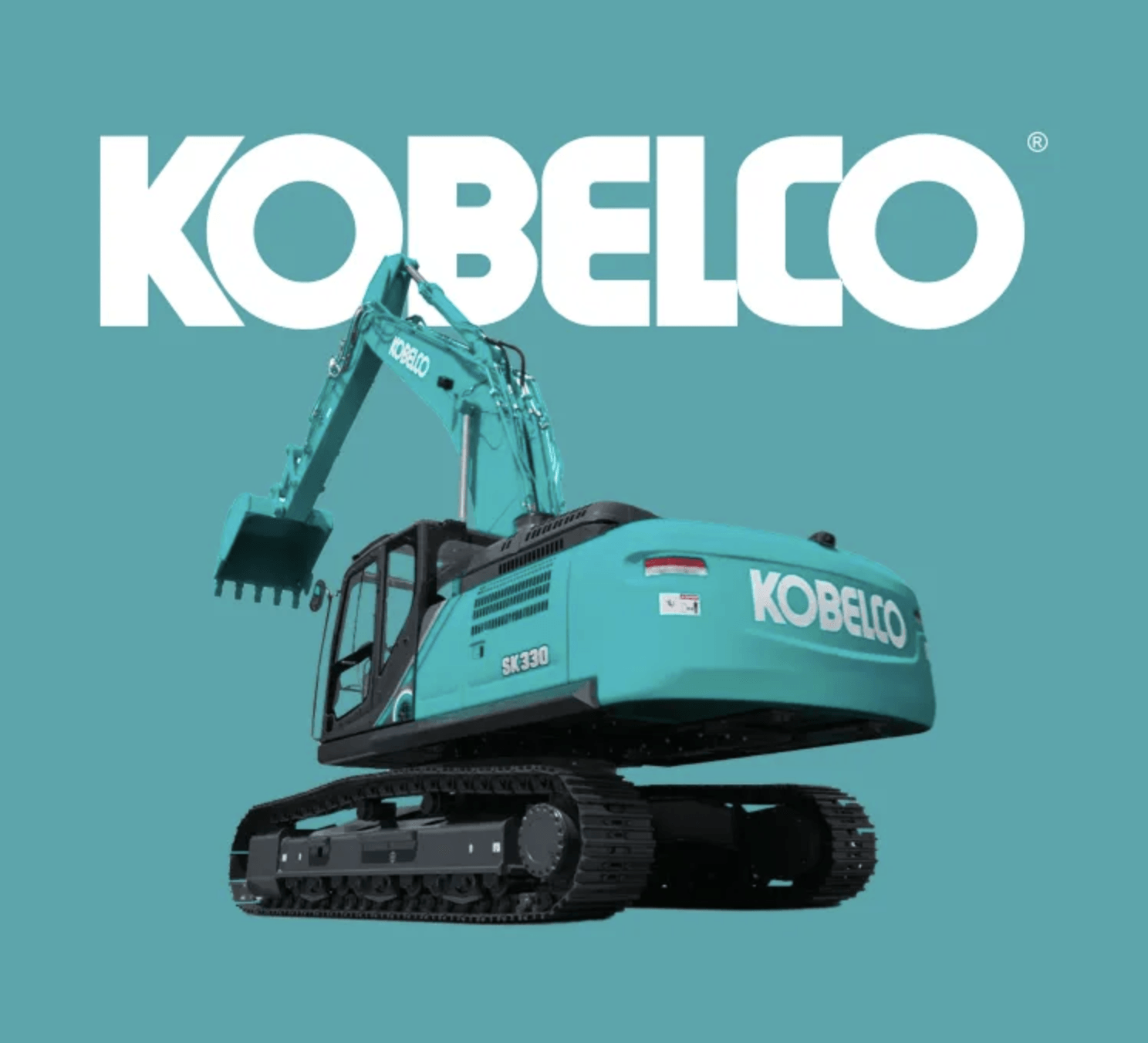 Kobelco teal excavator with logo on a teal background.