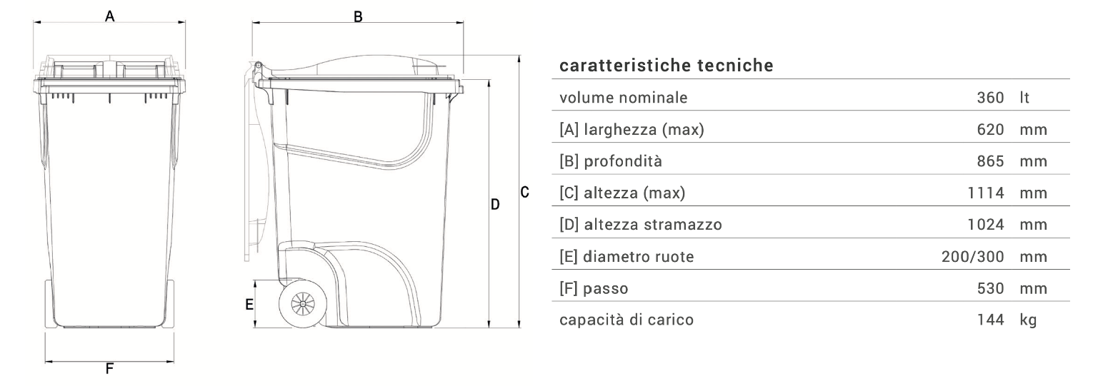 bidone carrellato lt 360 misure