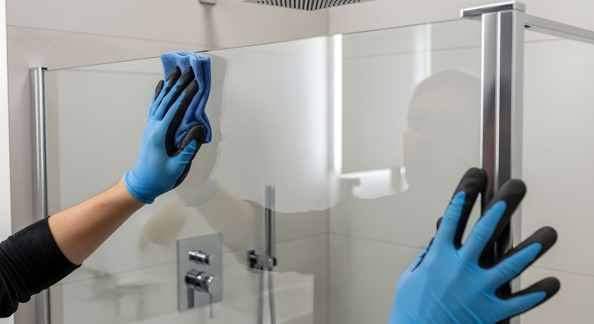 A person wearing blue cleaning gloves wipes down a glass shower door with a microfiber cloth A person wearing blue cleaning gloves wipes down a glass shower door with a microfiber cloth