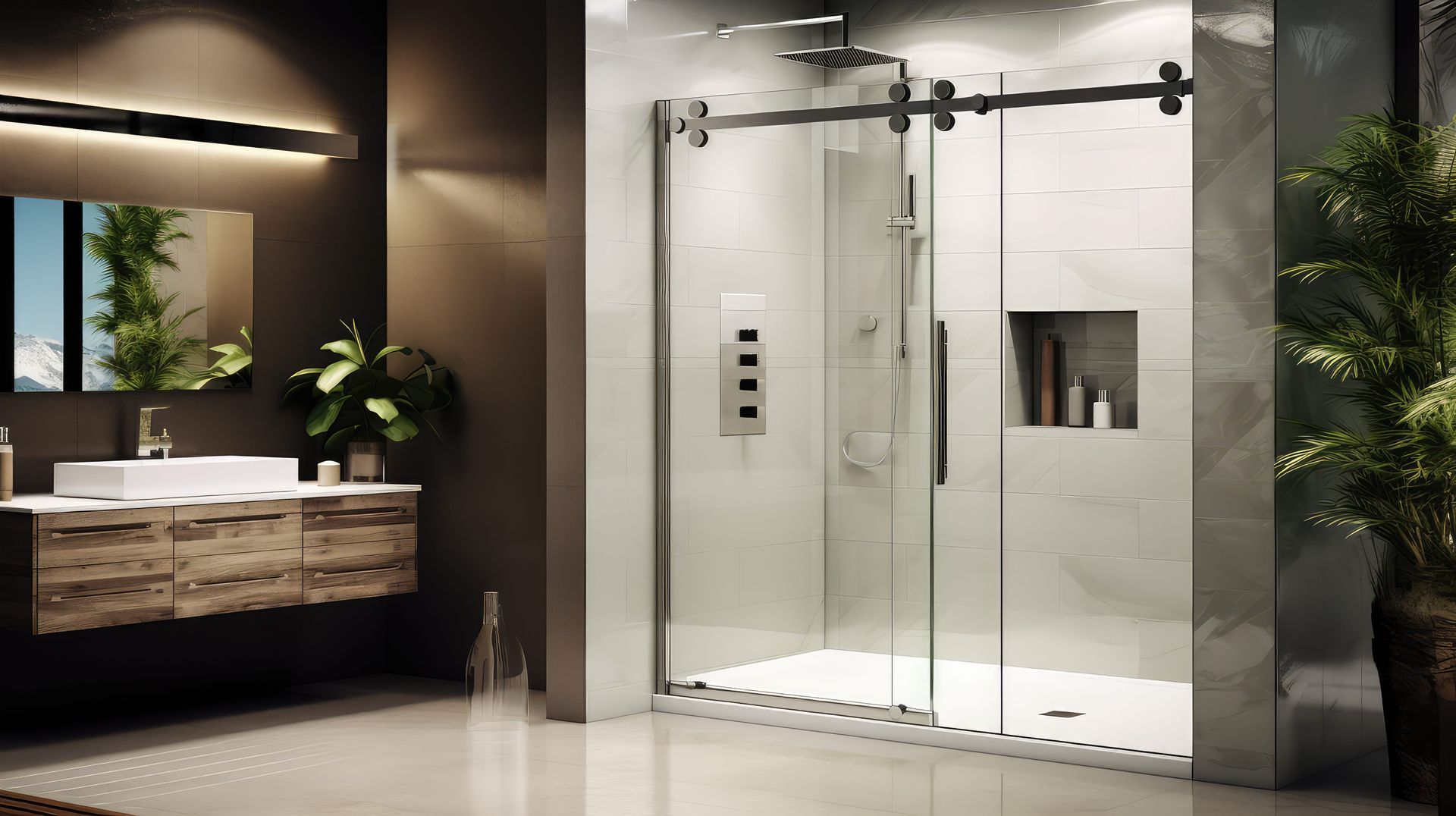 Modern bathroom with glass shower, floating vanity, marble tile walls, and a potted plant.