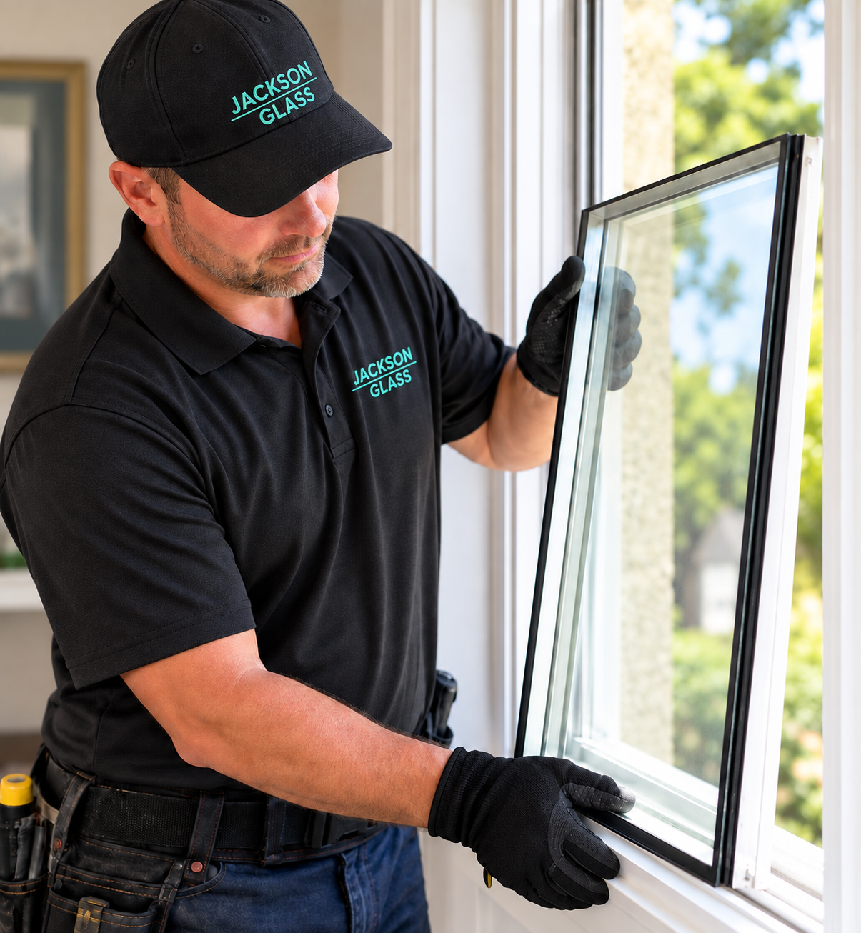 Jackson Glass technician installing an insulated glass unit in an existing window frame