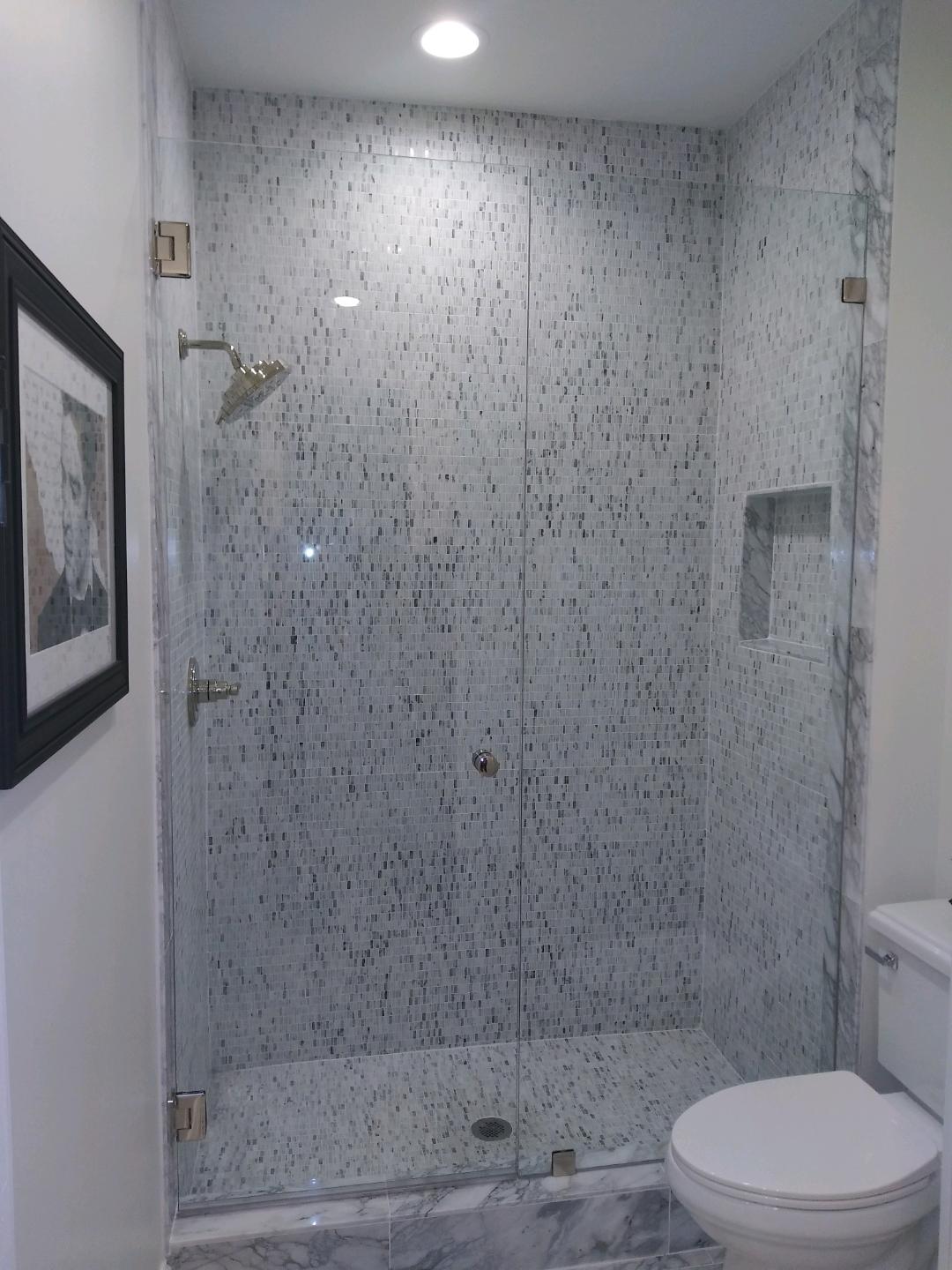 A modern bathroom with a glass-enclosed shower with a mosaic-tiled interior, and a toilet. A framed picture hang.