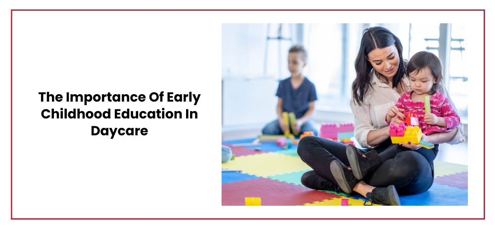 Woman with a child plays with a toy. Another child is in the background. Daycare setting. Text: