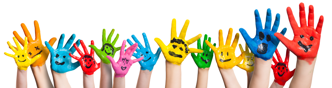 Hands painted in various colors with smiling faces raised up.
