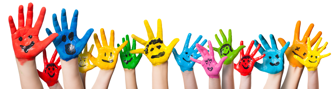 Hands painted in various colors, each with a drawn-on smiley face, raised in the air.