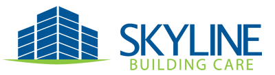 Skyline Building Care logo with blue building icon and green accent lines on a white background