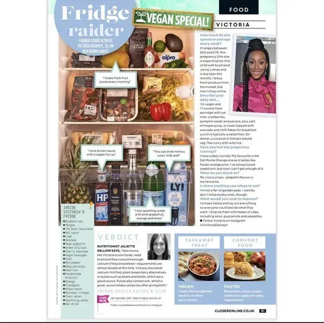Victoria Ekanoye tells Closer Magazine what's in her fridge for raiders feature - Vegan edition!