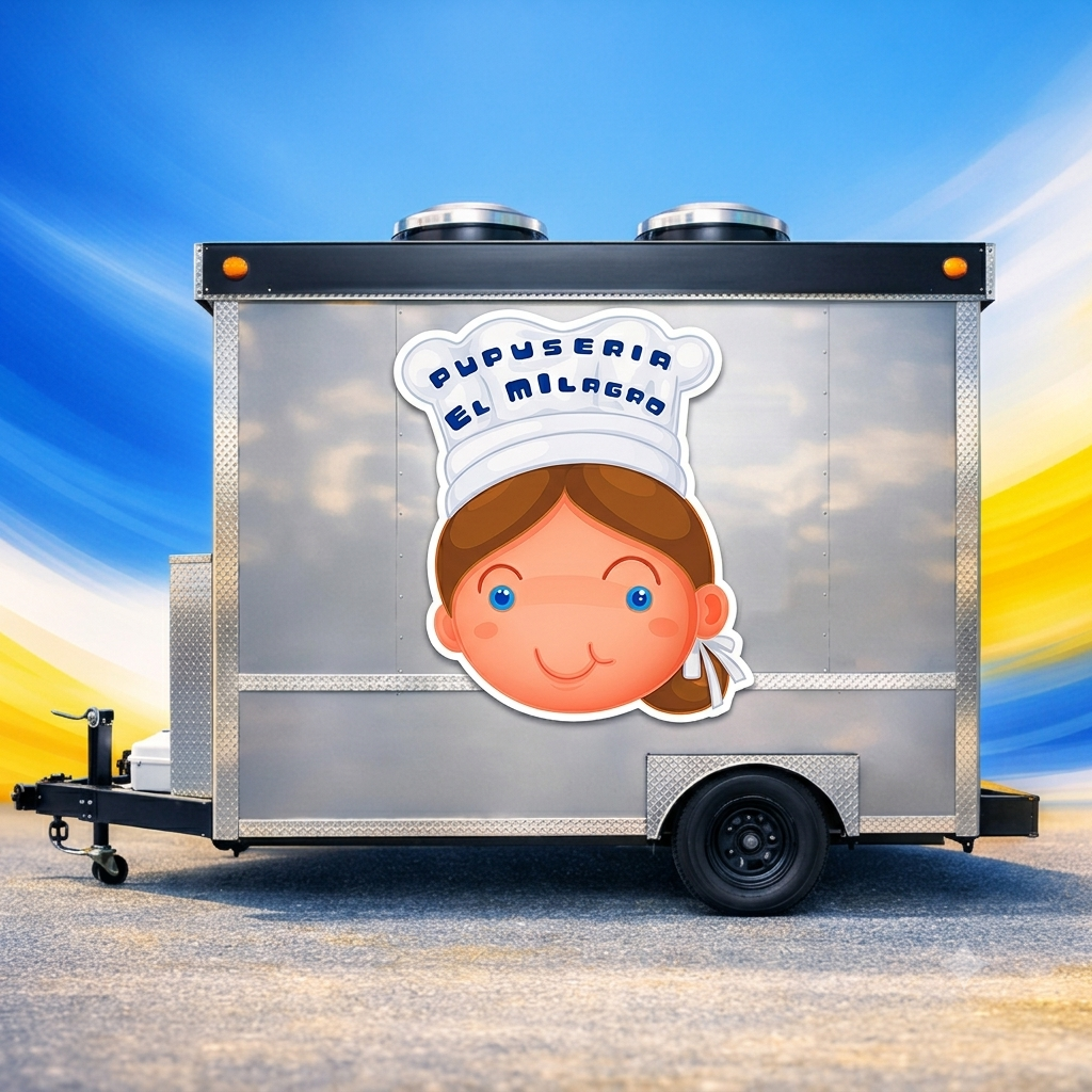 Mobile food trailer with a smiling chef logo on a silver side panel, parked on pavement under a blue sky.