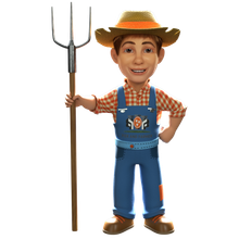 Cartoon farmer with a pitchfork, wearing overalls, straw hat, and smiling.