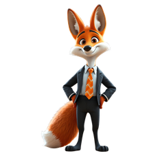 Animated fox in a dark suit, orange tie, and white shirt. Smiling with hands on hips.