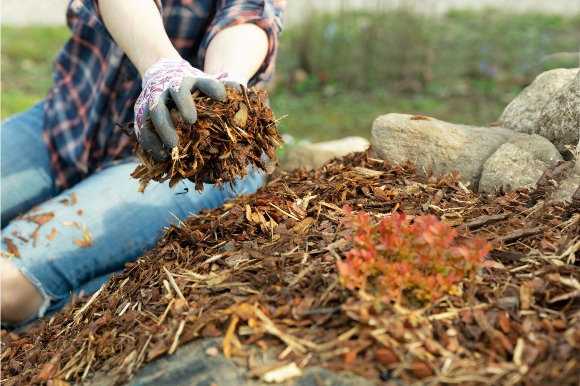 A woman is kneeling on the ground holding a pile of mulch.