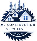 MJ Construction Services logo: a house with trees, saw blade, dark blue and white.