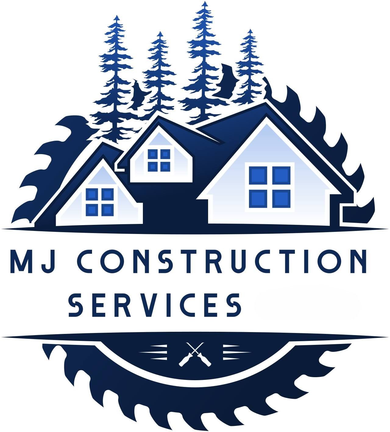 MJ Construction Services logo: a house with trees, saw blade, dark blue and white.