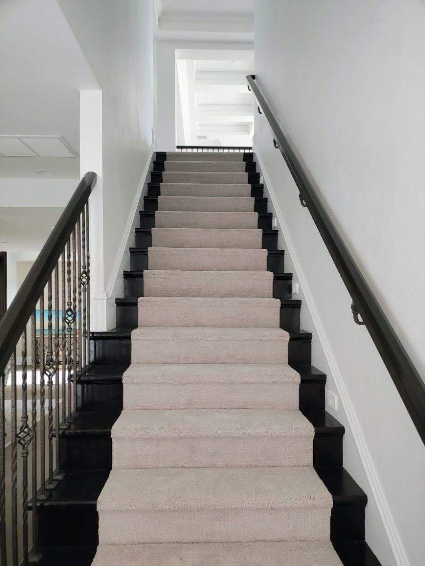 Staircase with light carpeted steps, dark risers, and a dark wood handrail on a white wall.