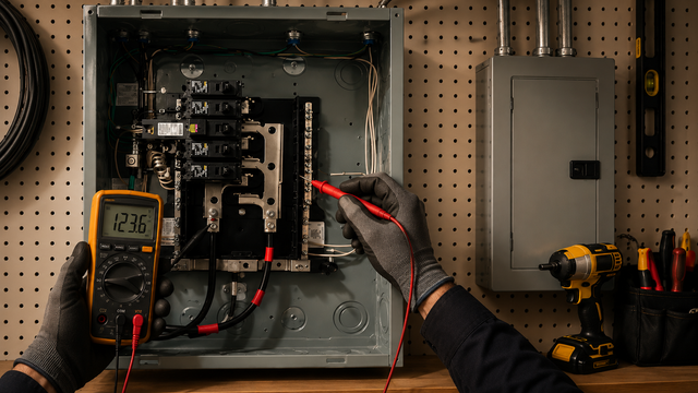 Gloved electrician testing a circuit breaker panel with a multimeter.