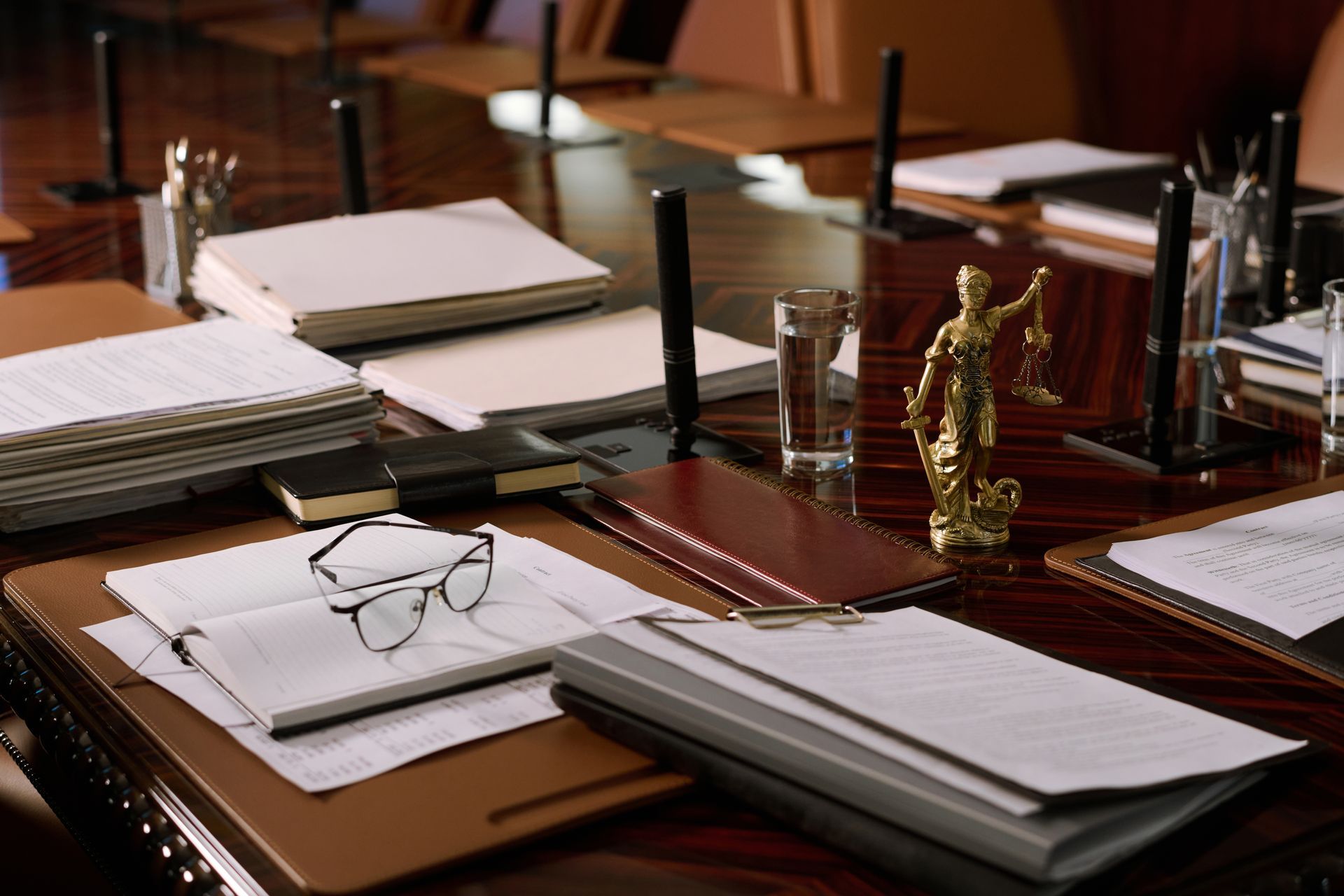 A desk with a statue of justice on it