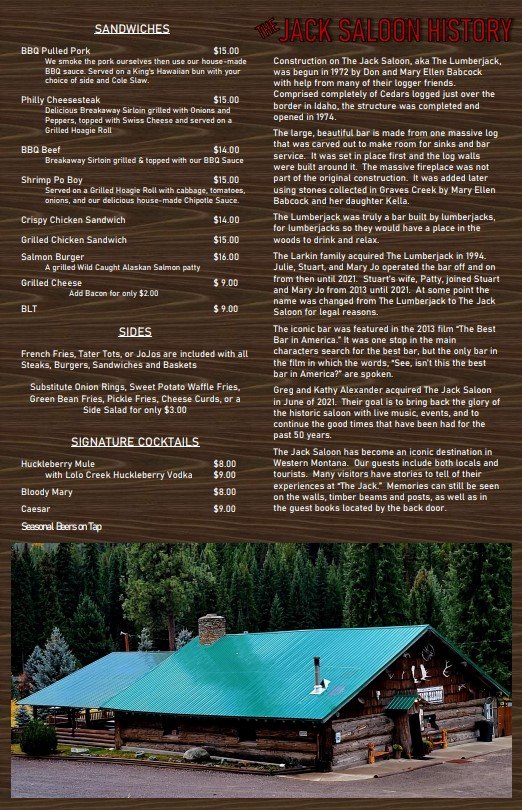 Menu Lolo, MT The Jack Saloon