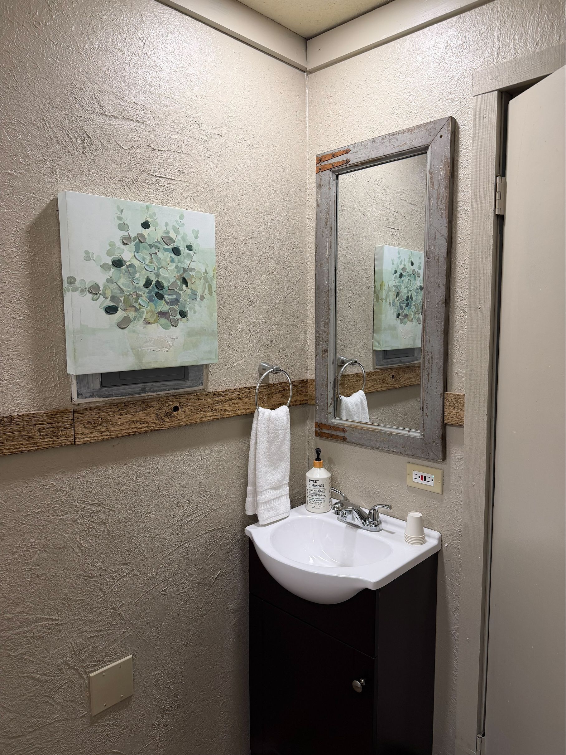 Small restroom vanity with sink, mirror, beige walls, and floral wall art.