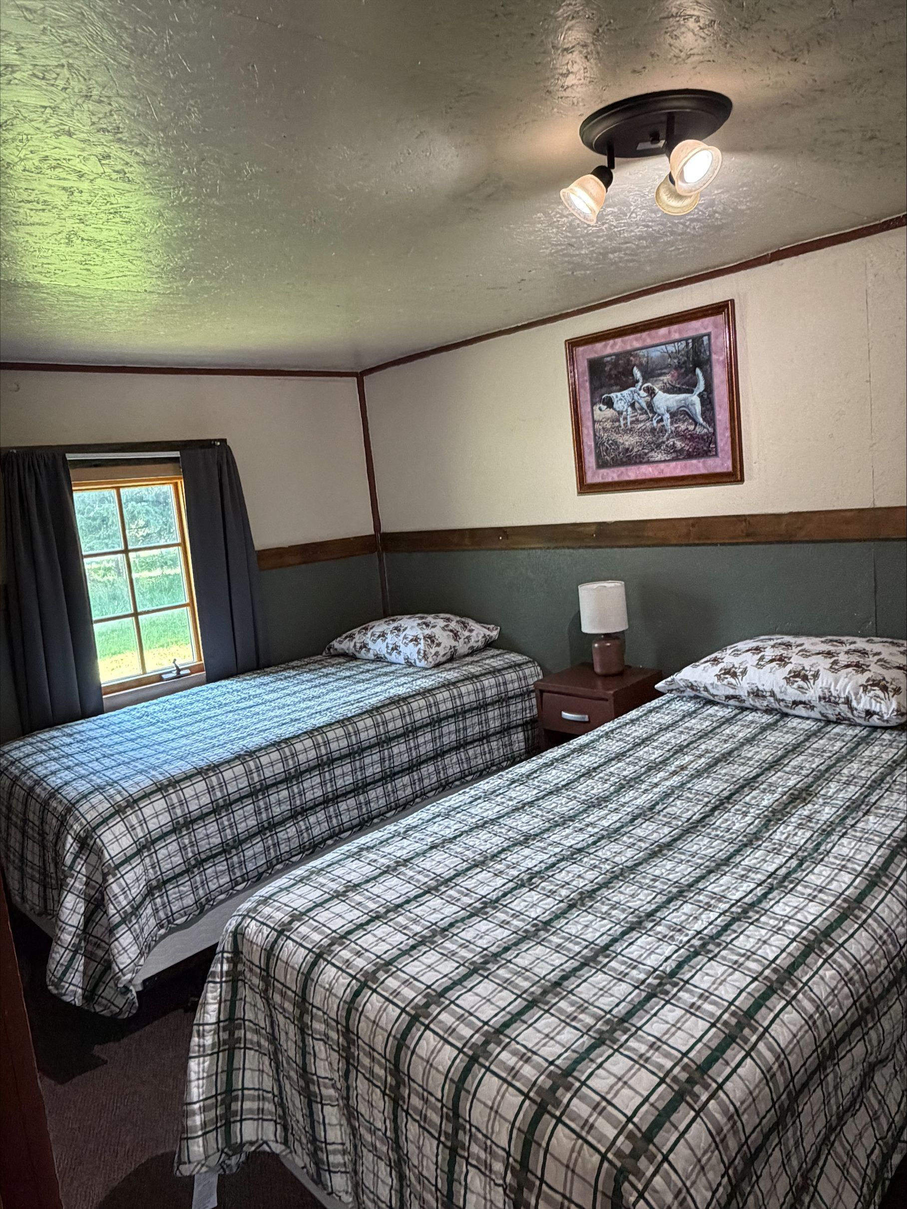 Small bedroom with two plaid beds, a window, bedside lamp, and framed wall art