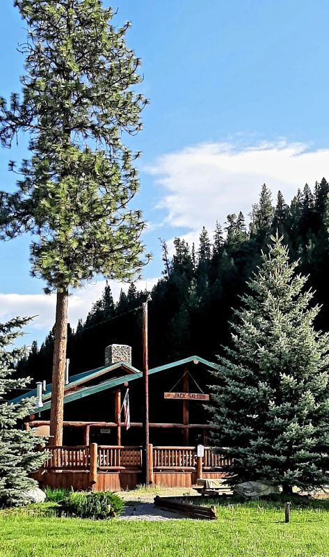 Rustic cabin with wooden porch, tall pine trees, and a green lawn under a blue sky.
