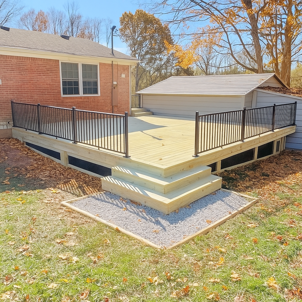 Wood deck with black metal railing and wide steps in Shelbyville