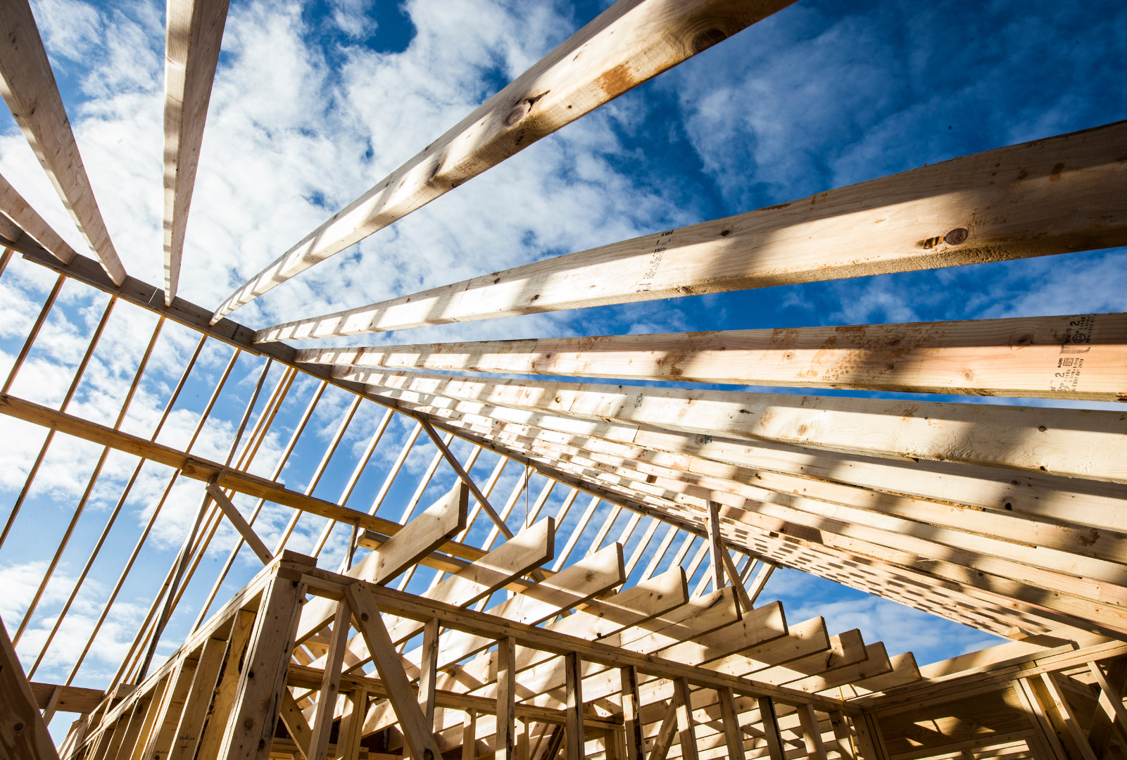 Looking up at the ceiling of a house under construction.