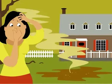 Woman covering her mouth while smoke rises from a house with a white fence and brown lawn