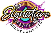 Signature Septic Solutions, Ltd. logo with purple and cyan splatter background and a stylized septic truck