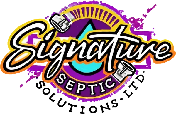 Signature Septic Solutions, Ltd. logo with purple and cyan splatter background and a stylized septic truck