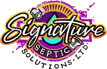 Signature Septic Solutions, Ltd. logo with purple and orange splash background and pipes icon