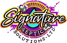 Signature Septic Solutions, Ltd. logo with purple and orange splash background and pipes icon