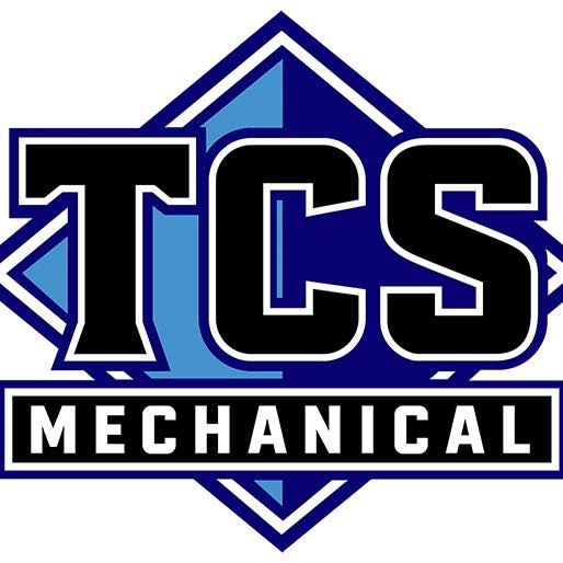 TCS Mechanical logo in blue, black, and white with bold letters and diamond-shaped background