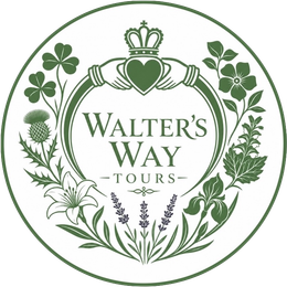 Green circular Walter’s Way Tours logo with crown, heart, and floral wreath design