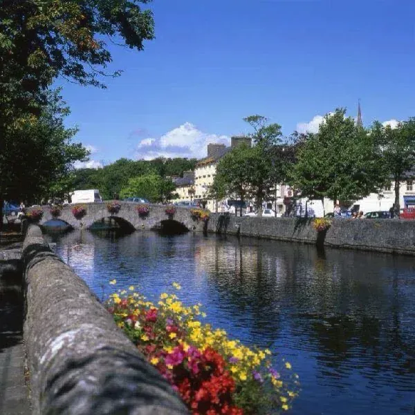 Stone bridge over a calm river with flowered foreground and buildings under a blue sky