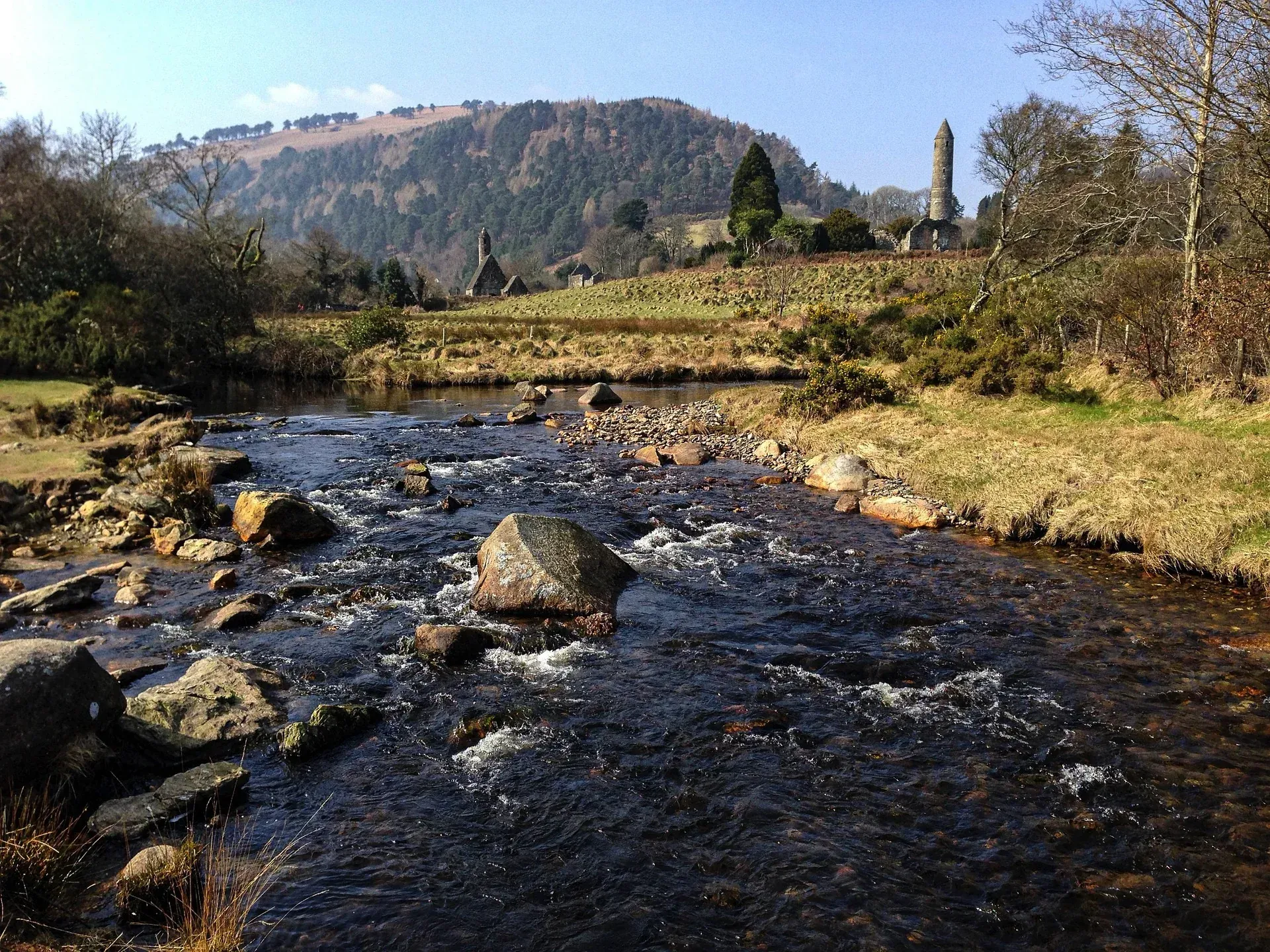 Rocky stream flowing through a grassy valley with hills and trees in the background