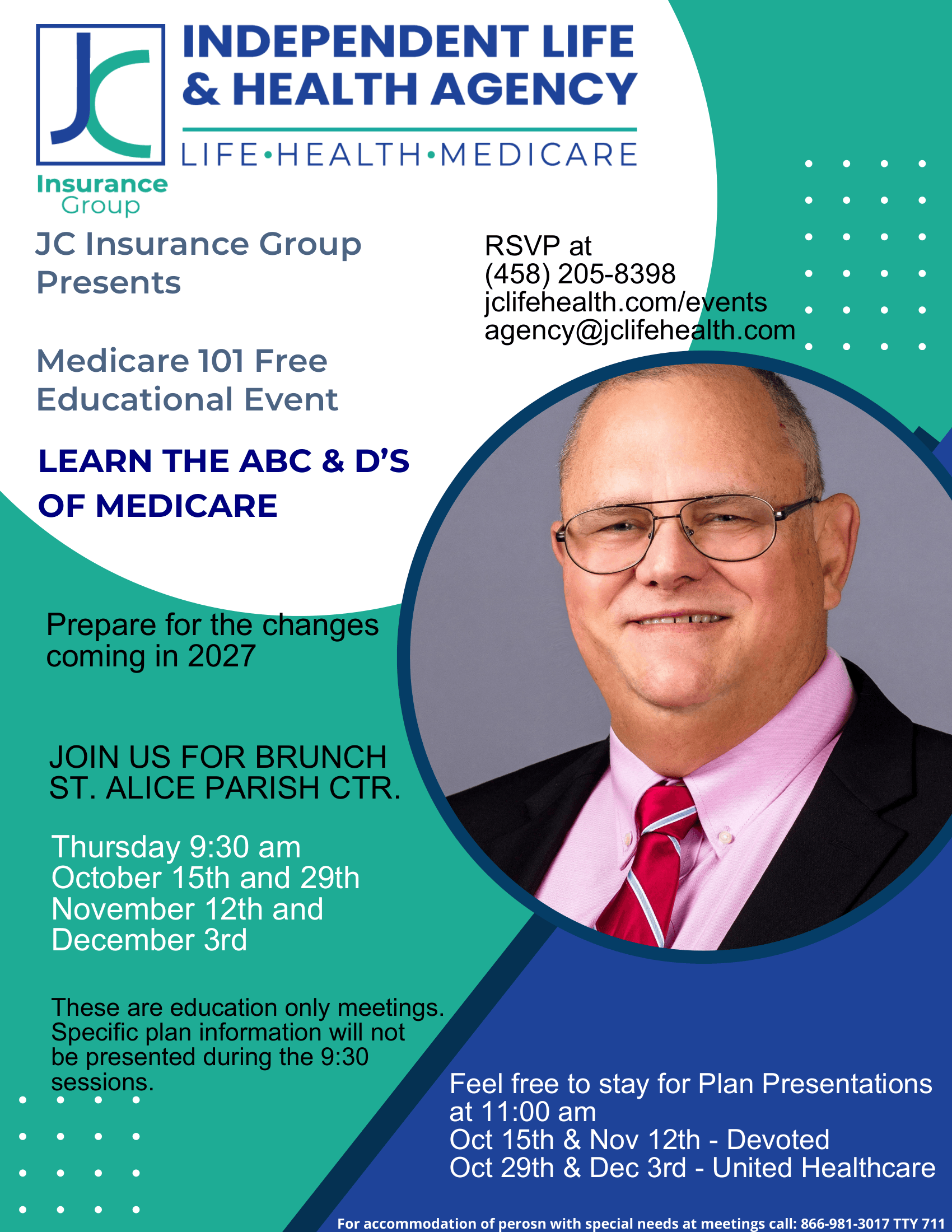 Poster for a Medicare 101 event by JC Insurance Group, featuring Joe Cloffi.
---