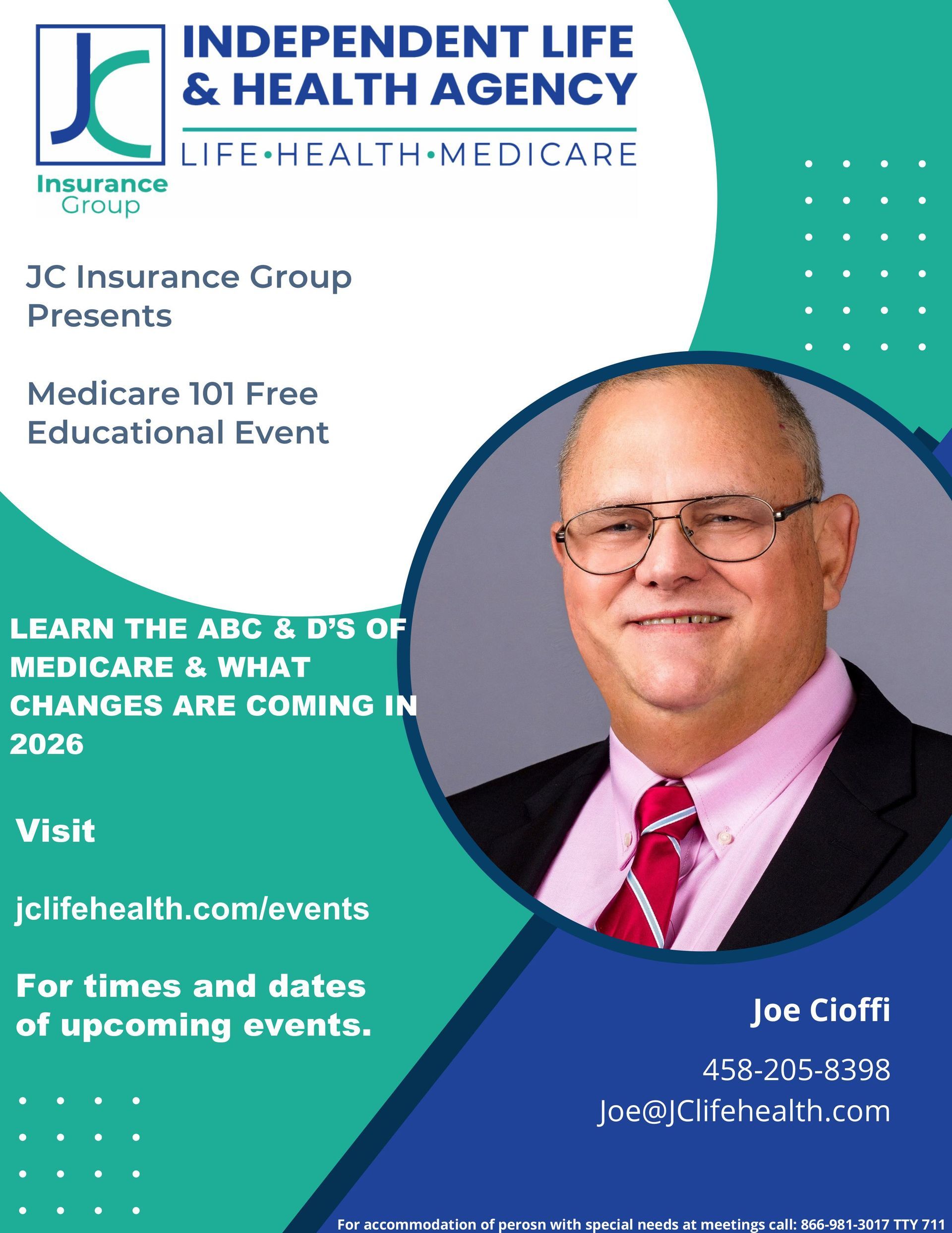 Poster for a Medicare 101 event by JC Insurance Group, featuring Joe Cloffi.
---